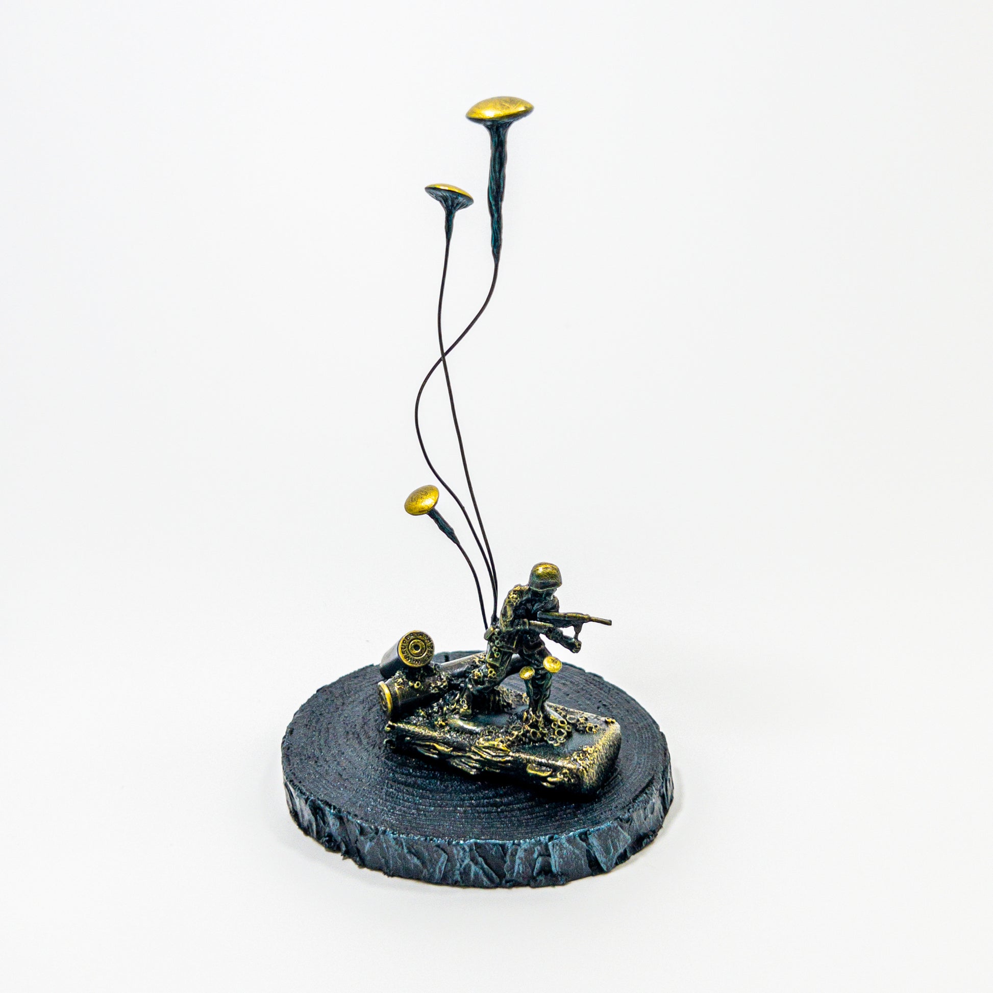 Vintage green army man overtaken by towering fungi